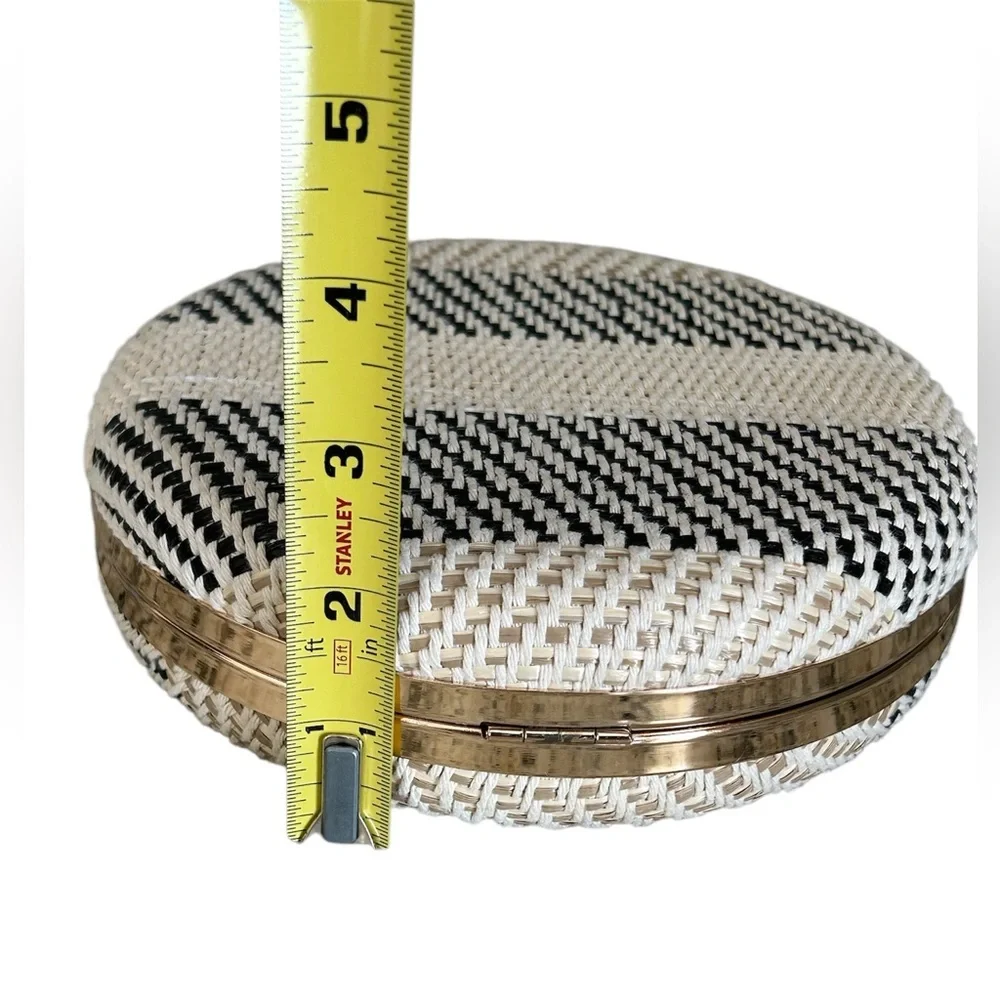 Savanna Cream Black Round Woven Crossbody Satchel Gold Chain Boho Bag Purse - Picture 12 of 13